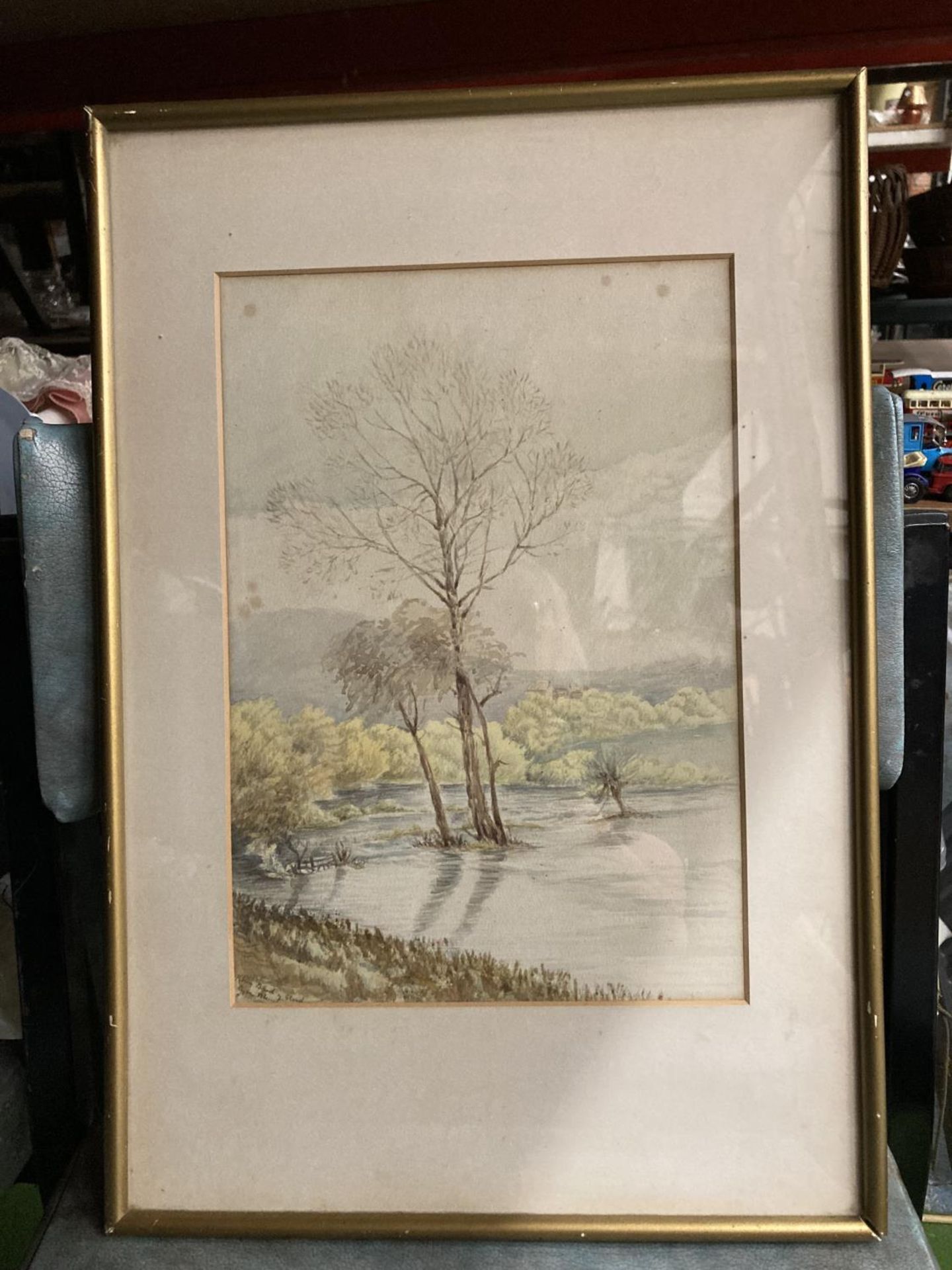 A SIGNED WATERCOLOUR OF THE FLOODED PASTURES - Bild 2 aus 3