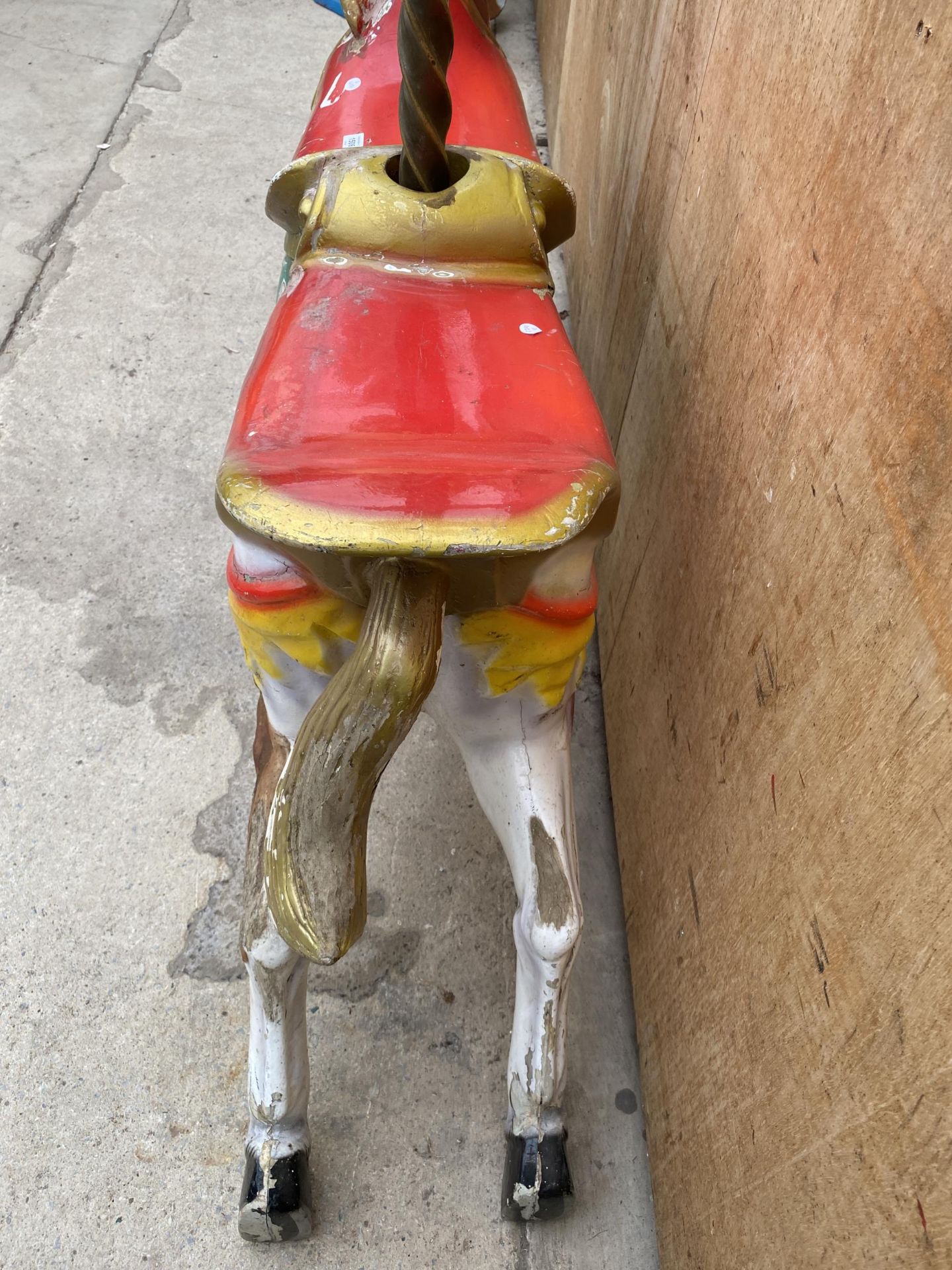 A BELIEVED ORIGINAL EX FAIRGROUND RIDE GALLOPER WITH DOUBLE SEAT AND TURNED BRASS POLE - Image 7 of 8