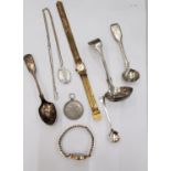 A SILVER LOCKET AND CHAIN, TWO VINTAGE LADIES WRISTWATCHES, FLATWARE, A KING GEORGE VI CORONATION