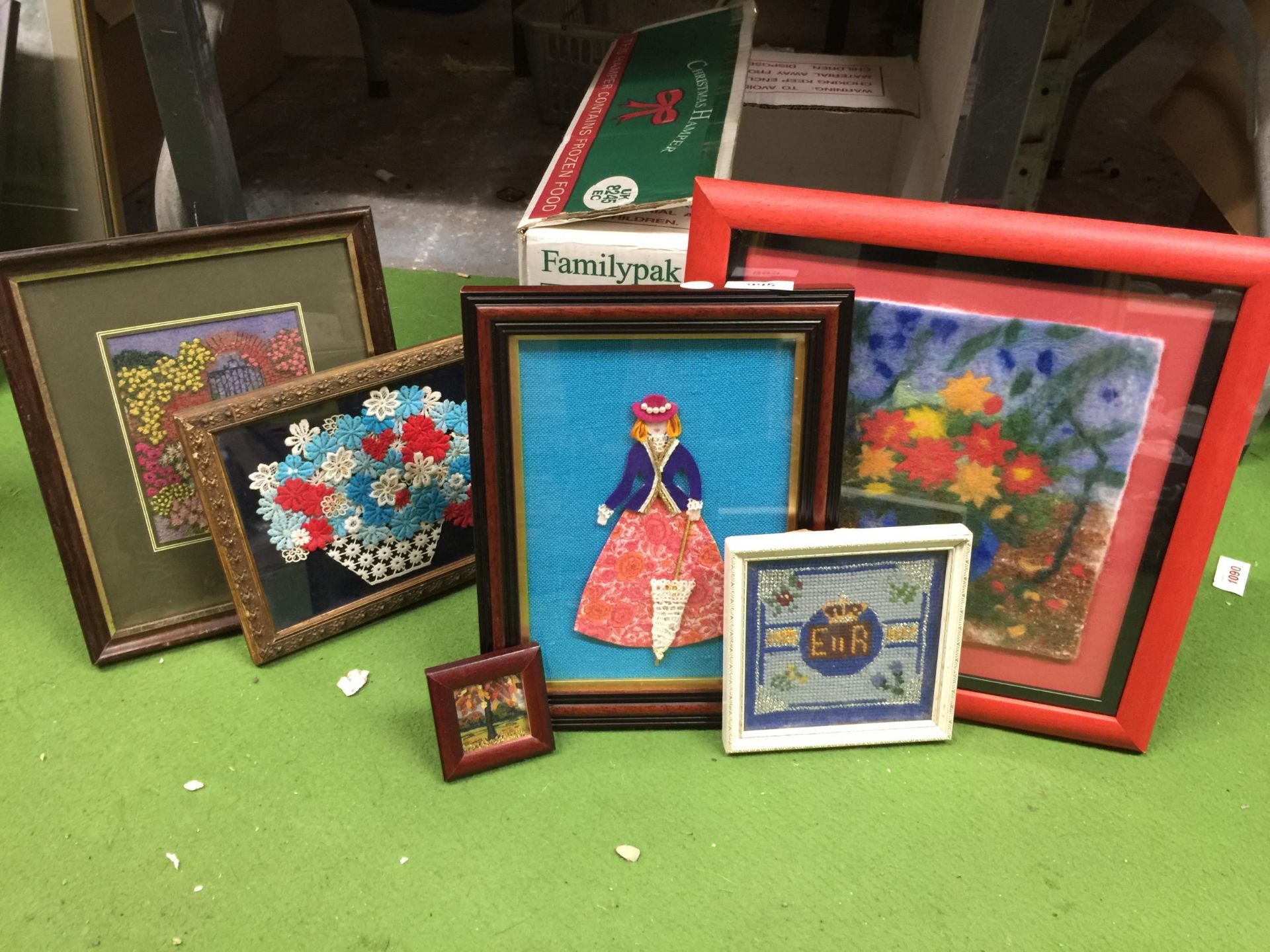 A GROUP OF FRAMED PRINTS, EMBROIDERED EXAMPLES ETC