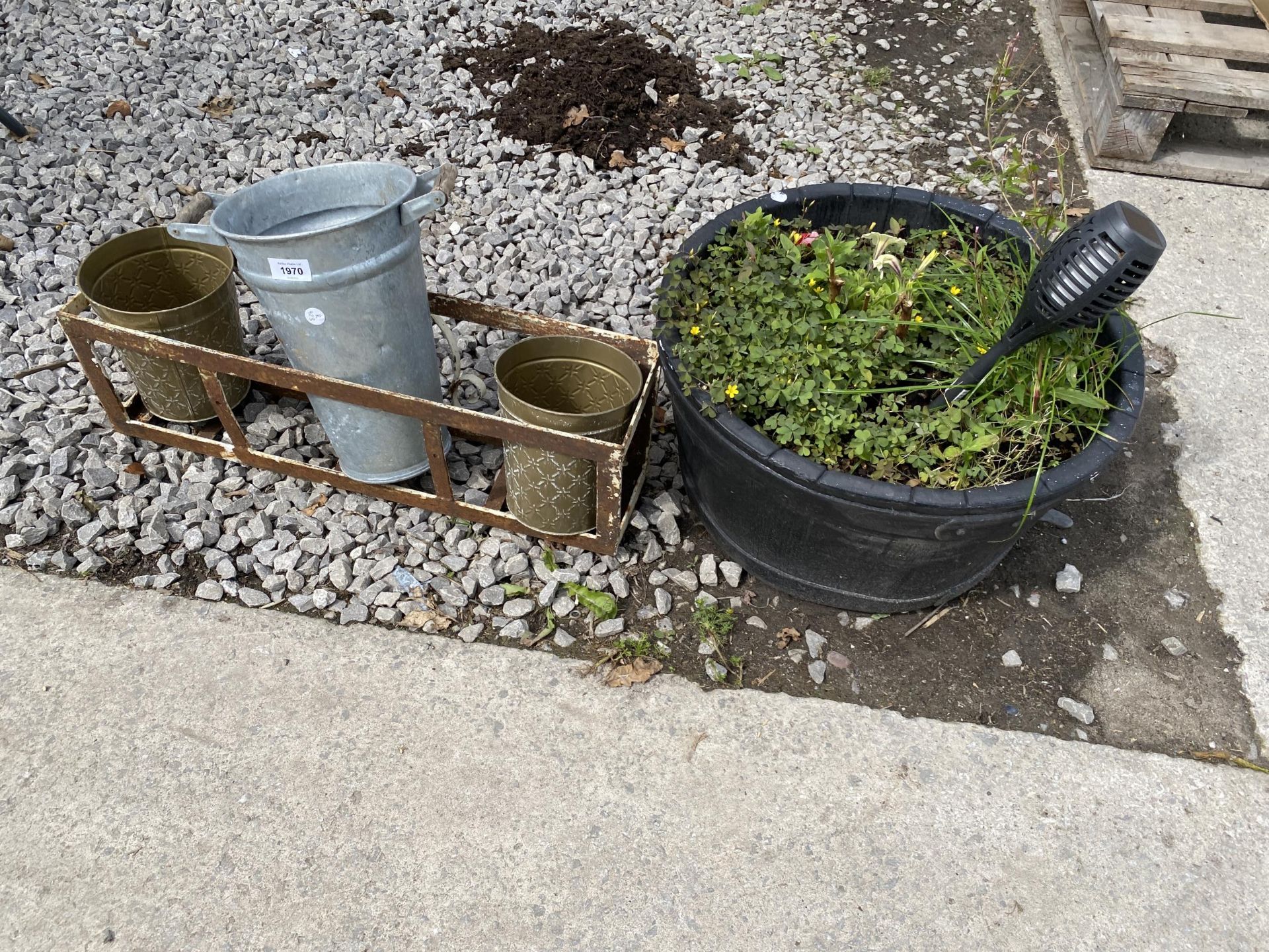 A GARDEN PLANTER, A METAL WINDOW BOX AND THREE METAL PLANT POTS