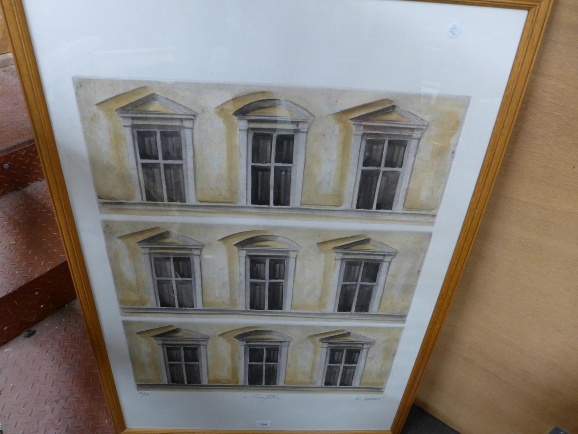 A COLOURED LIMITED EDITION PRINT (80/150) OF A CLASSICAL BUILDING 'PROSTELLO', INDISTINCTLY SIGNED