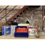 A MIXED LOT OF GLASSWARE, BOXED WINE GLASSES ETC