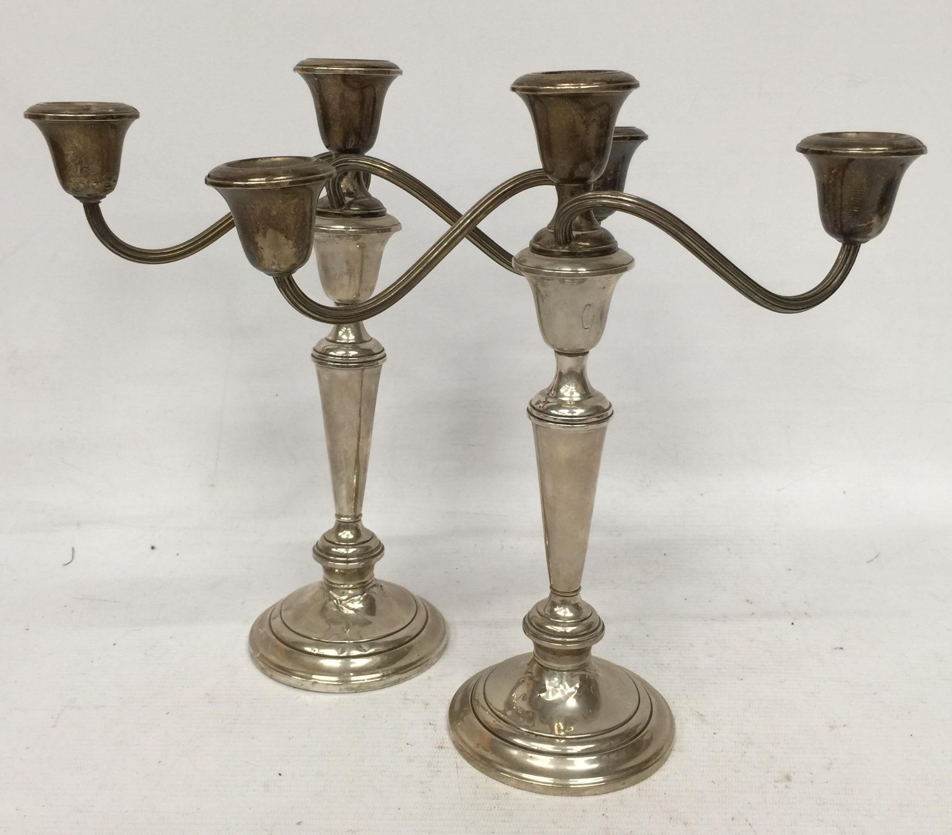 A PAIR OF GORHAM STERLING THREE BRANCH CANDLEABRA, (WEIGHTED & REINFORCED WITH OTHER METALS)