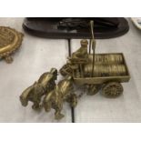 A HEAVY BRASS MODEL OF SHIRE HORSES PULLING A DRAY