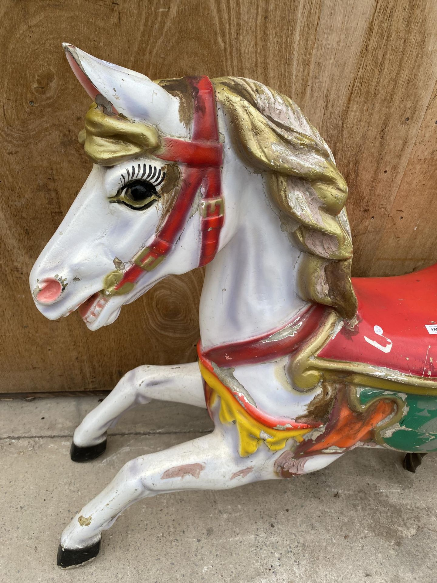 A BELIEVED ORIGINAL EX FAIRGROUND RIDE GALLOPER WITH DOUBLE SEAT AND TURNED BRASS POLE - Image 6 of 8