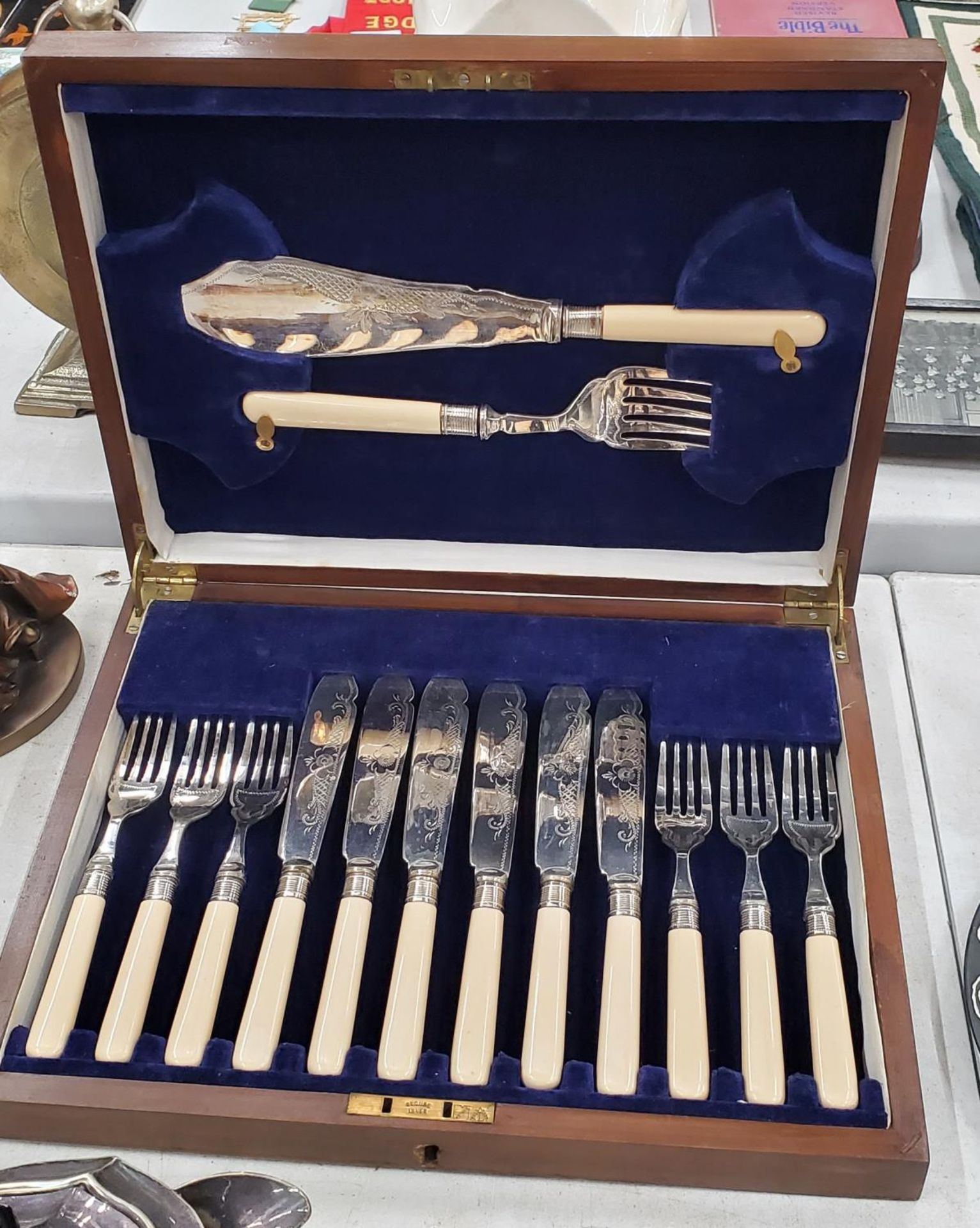 A MAHOGANY CASED CANTEEN OF FISH CUTLERY