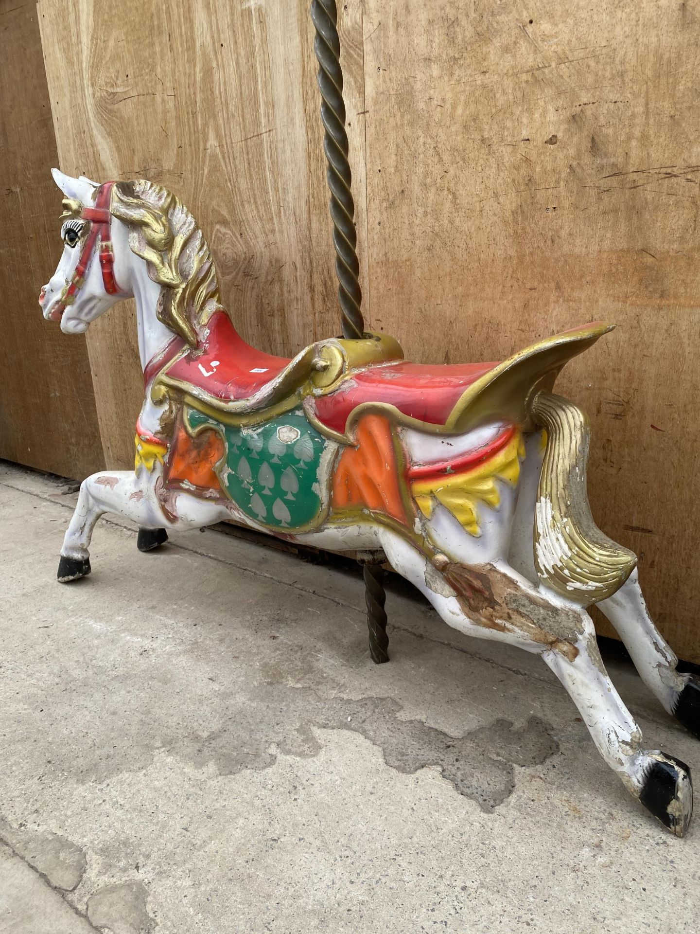 A BELIEVED ORIGINAL EX FAIRGROUND RIDE GALLOPER WITH DOUBLE SEAT AND TURNED BRASS POLE - Image 5 of 8