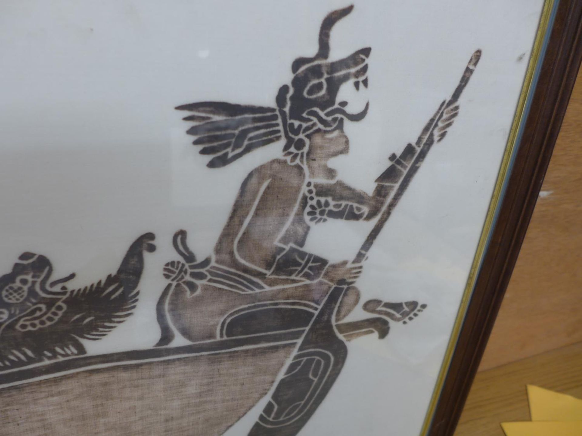 AN EGYPTIAN EMBOSSED FIBREGLASS PLAQUE DEPICTING PHARAOH ON HIS BARGE, 30 X 104 CM, FRAMED - Image 3 of 4