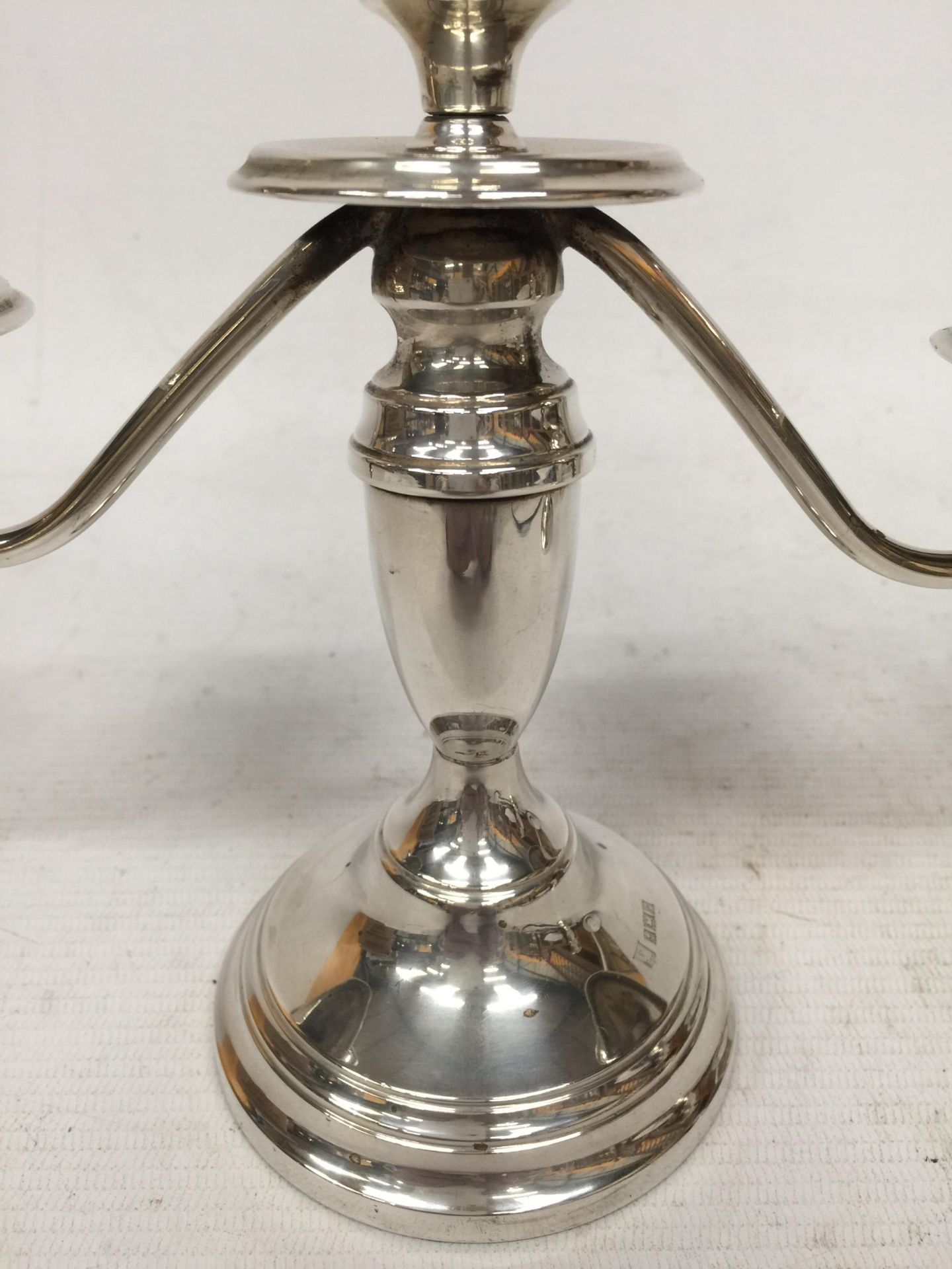 A HALLMARKED SILVER THREE BRANCH CANDLEABRA, (WEIGHTED BASE) - Image 2 of 4