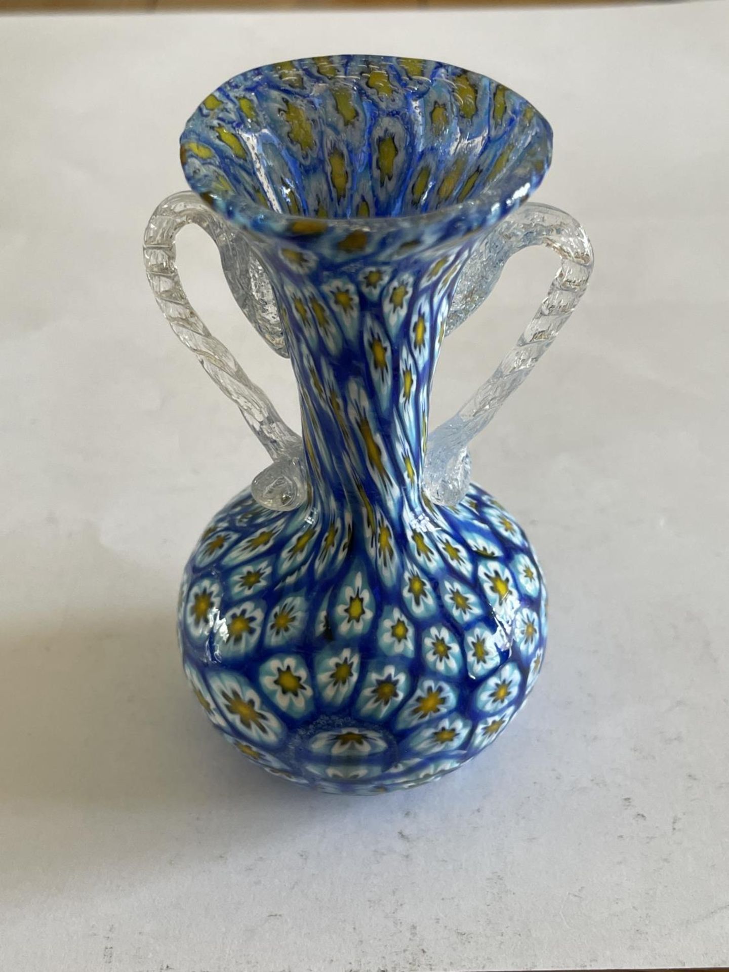 A MILLEFIORI DESIGNER FRATELLI TASO TWIN HANDLED GLASS VASE