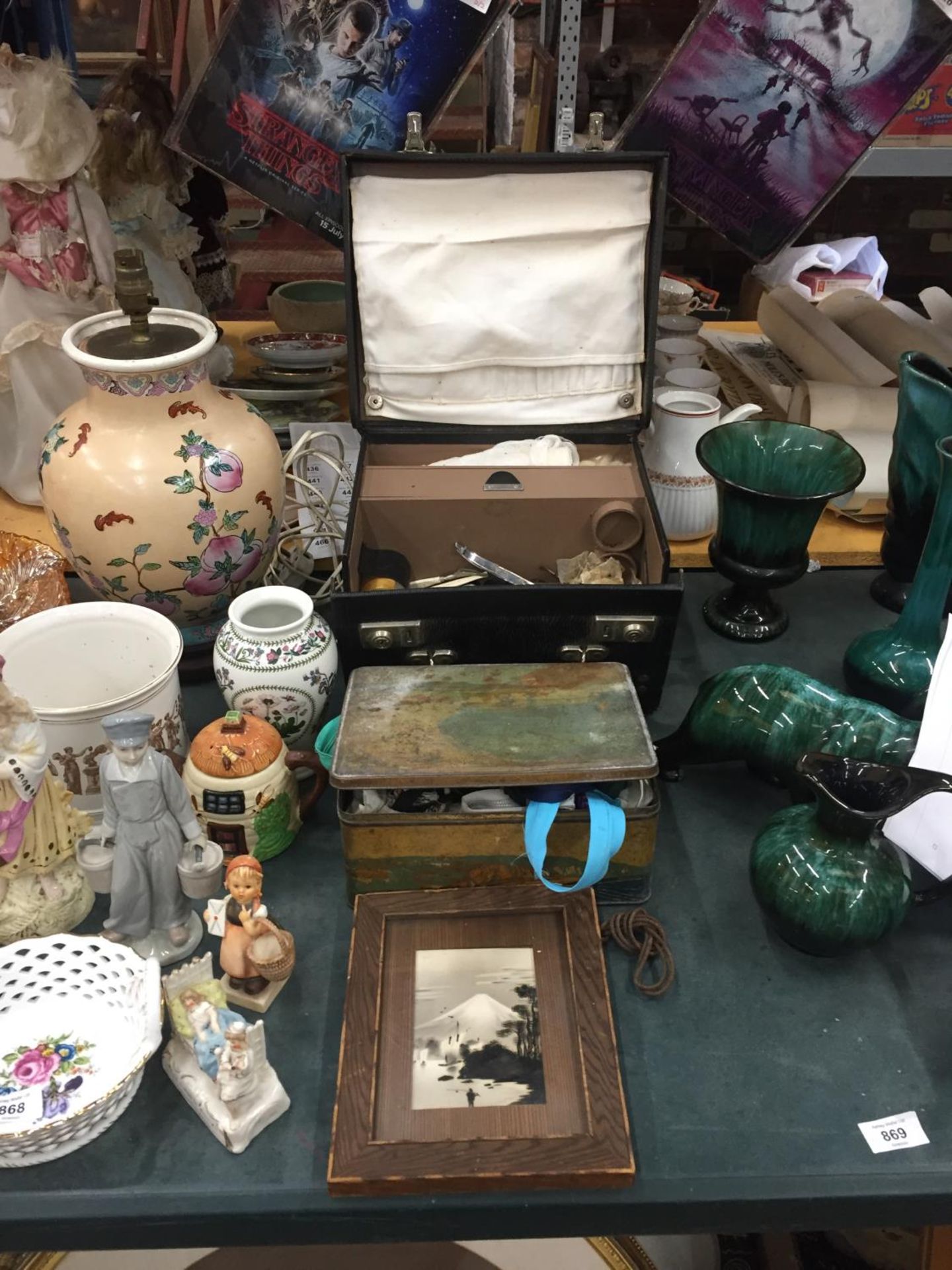 A MID CENTURY CASED CHIROPODISTS CASE- SCHOLL INSTRUMENTS ENCLOSED, TIN CONTAINING HABERDASHERY ETC