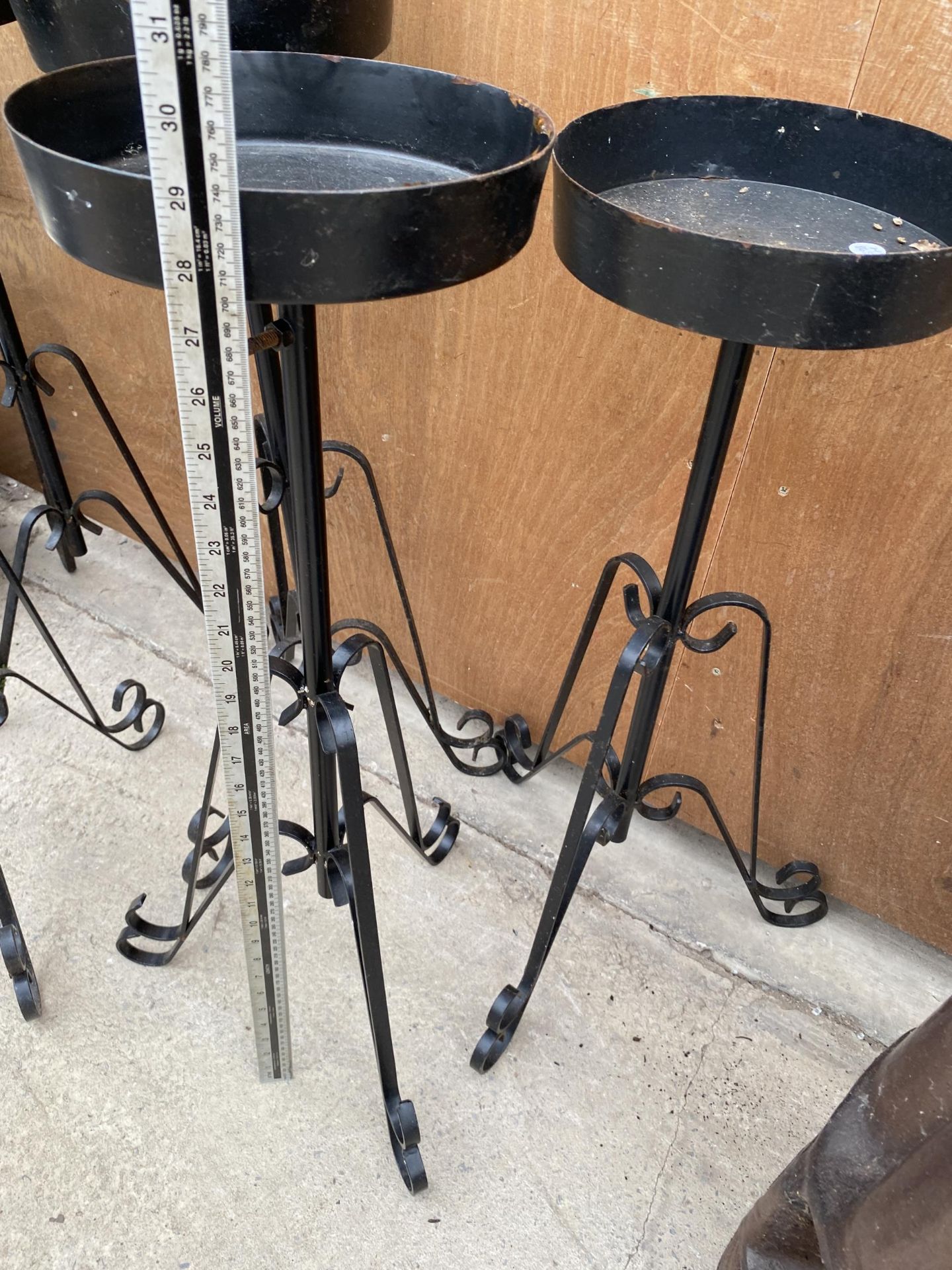 FIVE BLACK PAINTED METAL PLANT STANDS WITH TRIPOD BASE (H:74CM) - Image 3 of 4