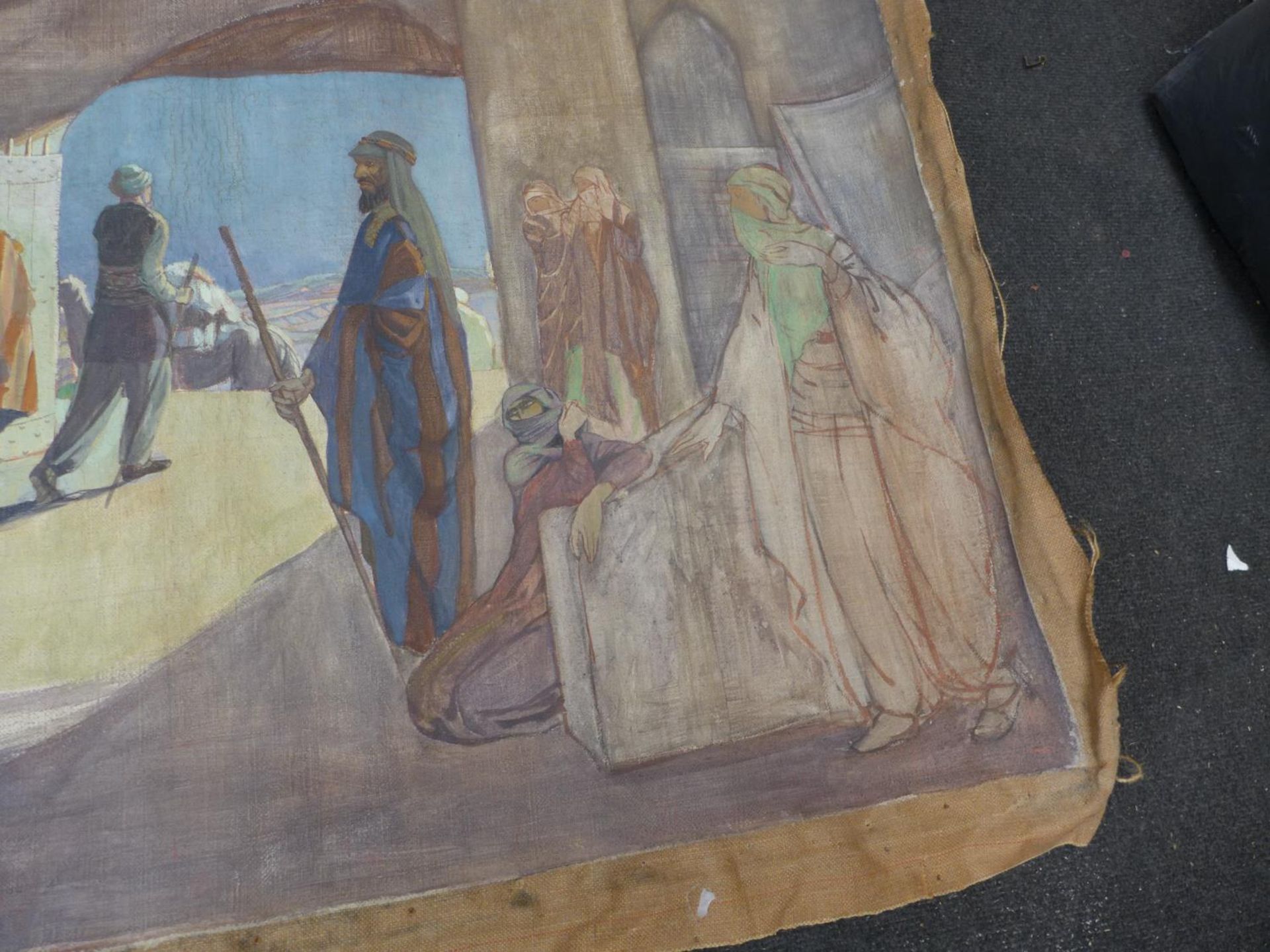 A LARGE EARLY 20TH CENTURY OIL ON CANVAS DEPICTING AN ARAB SCENE, 82X124CM - Image 3 of 5