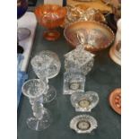 THREE WATERFORD CRYSTAL MINIATURE CLOCKS, WATERFORD PAIR OF CANDLESTICKS AND CARNIVAL GLASS DISHES