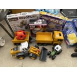 AN ASSORTMENT OF CHILDRENS TOYS TO INCLUDE AGRUICULTURAL VEHICLES, A BOARD GAME AND A ROBOTICS