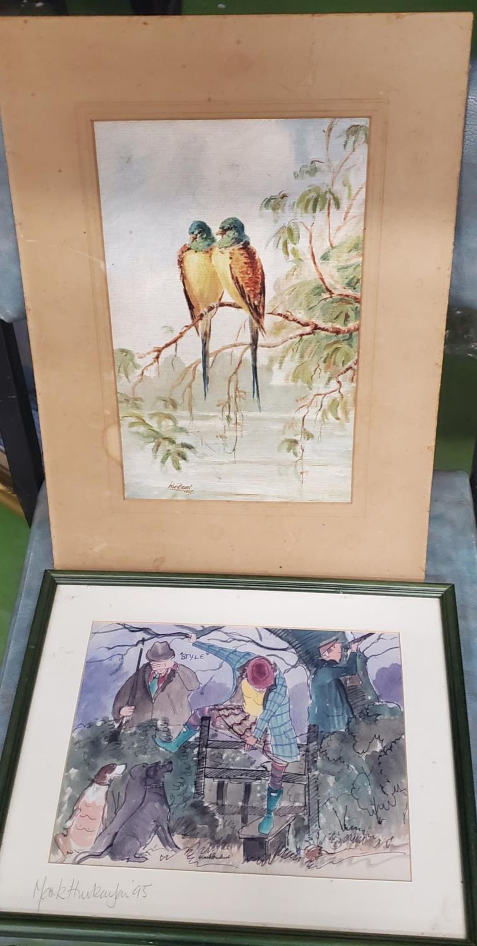 TWO WATERCOLOURS ONE OF TWO BIRDS OF PARADISE ON A BRANCH AND THE OTHER CALLED "STYLE" SIGNED BY THE