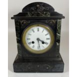 AN ANTIQUE FRENCH MARBLE AND GREEN SLATE CHIMING MANTLE CLOCK WITH PENDULUM