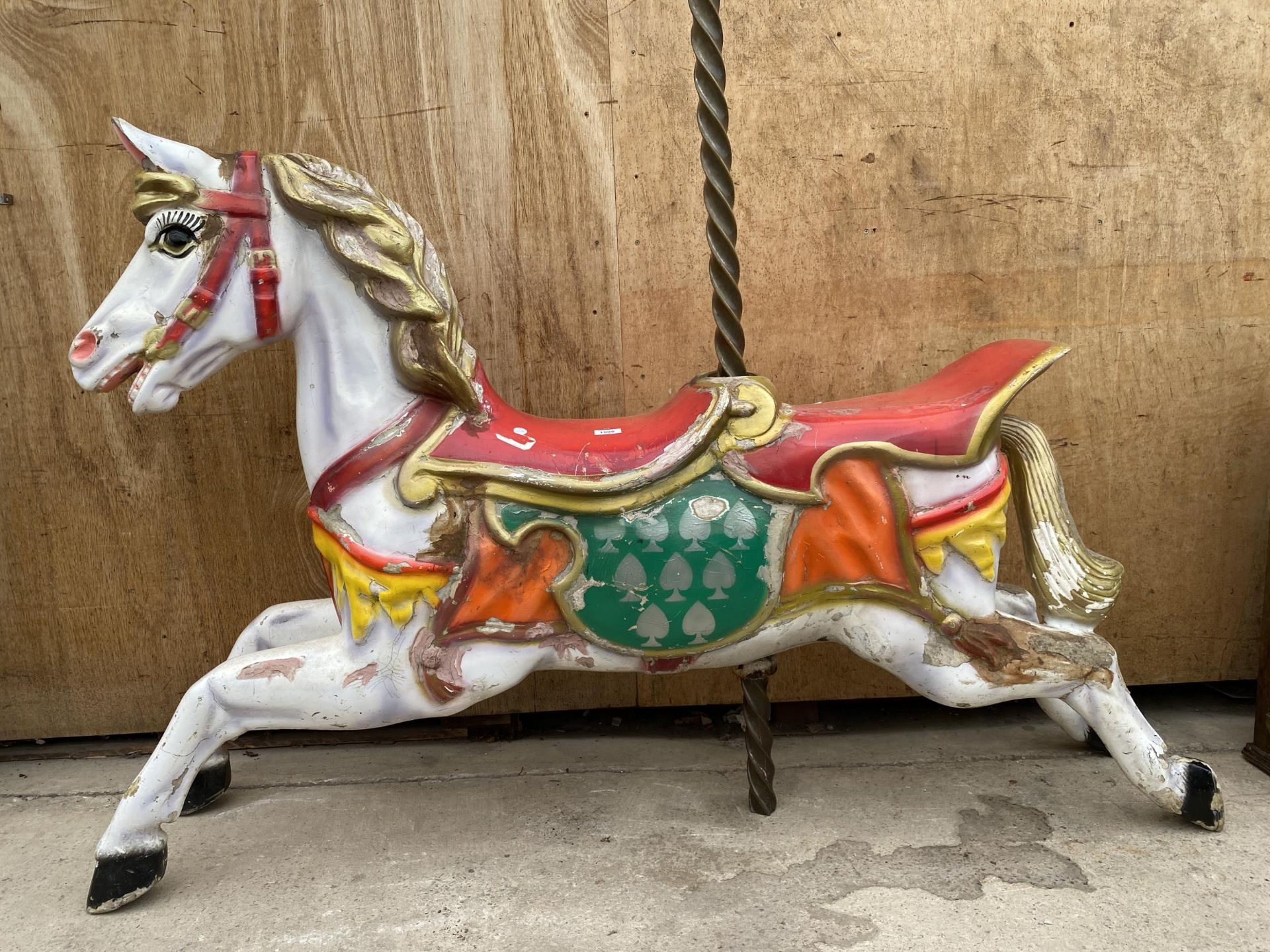 A BELIEVED ORIGINAL EX FAIRGROUND RIDE GALLOPER WITH DOUBLE SEAT AND TURNED BRASS POLE - Image 2 of 8