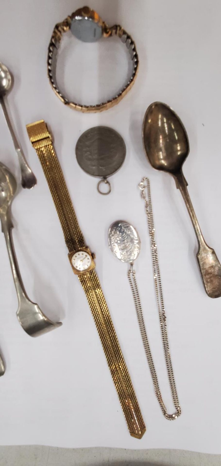 A SILVER LOCKET AND CHAIN, TWO VINTAGE LADIES WRISTWATCHES, FLATWARE, A KING GEORGE VI CORONATION - Image 3 of 3