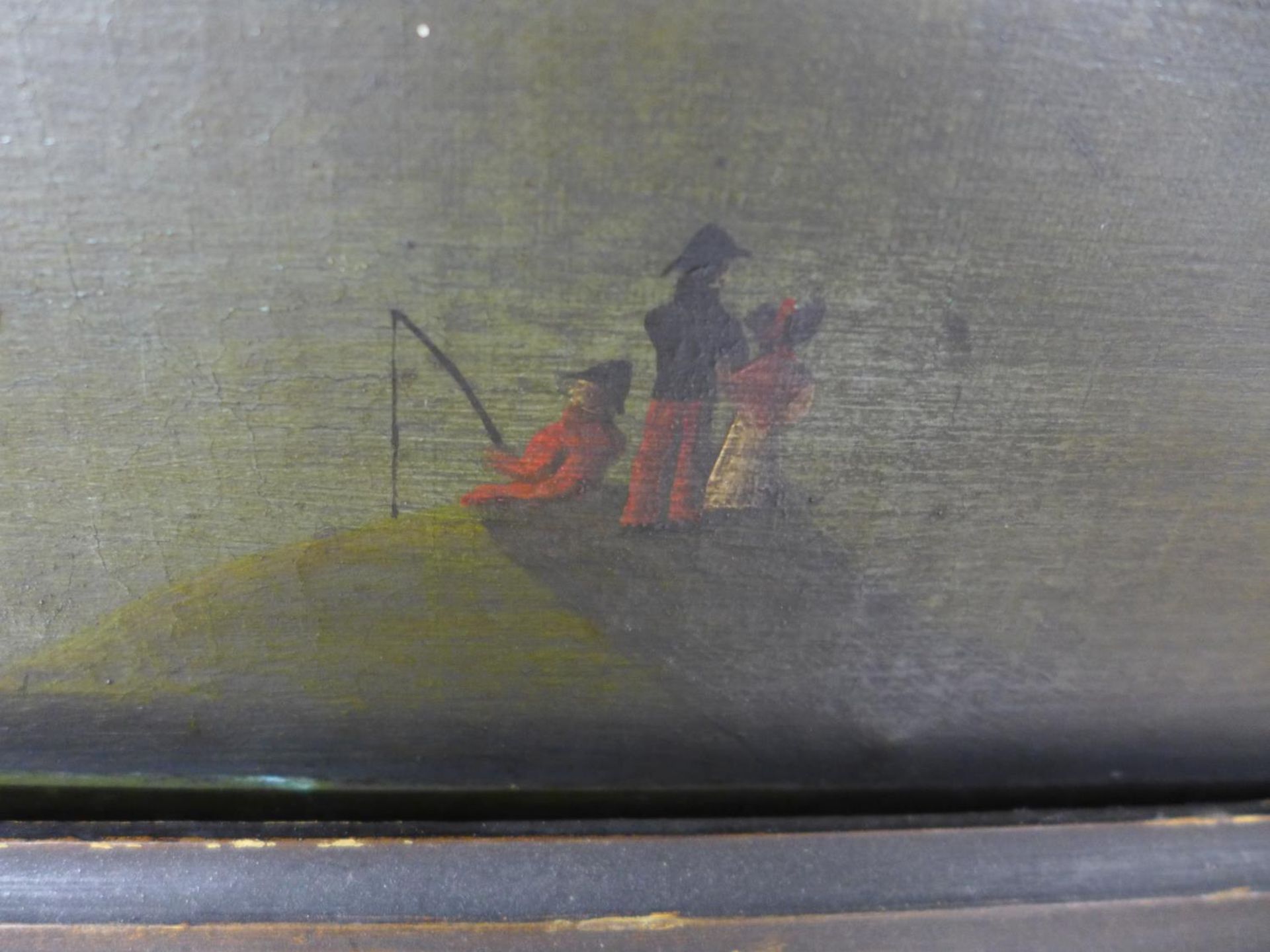 A SPECULATIVE LATE 18TH CENTURY NAIVE PICTURE DEPICTING SHIPS AT SAIL IN AN ESTUARY OIL ON CANVAS, - Image 2 of 6