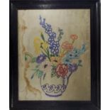 A VINTAGE NEEDLEWORK EMBROIDERY OF A VASE OF FLOWERS, FRAMED, 48CM X 59CM