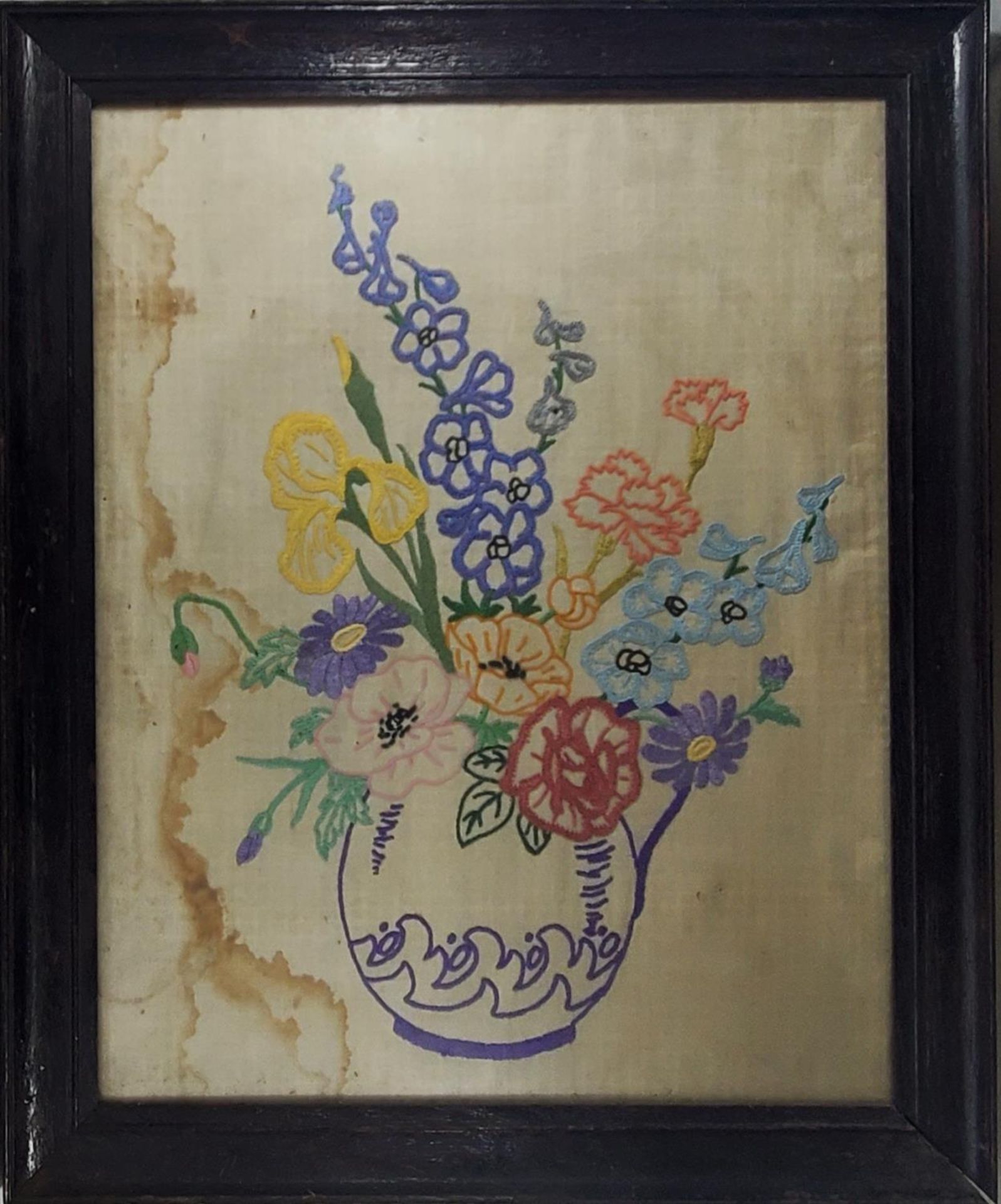 A VINTAGE NEEDLEWORK EMBROIDERY OF A VASE OF FLOWERS, FRAMED, 48CM X 59CM