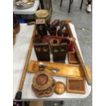 A GROUP OF TREEN AND WOODEN WARES, WALKING STICK ETC