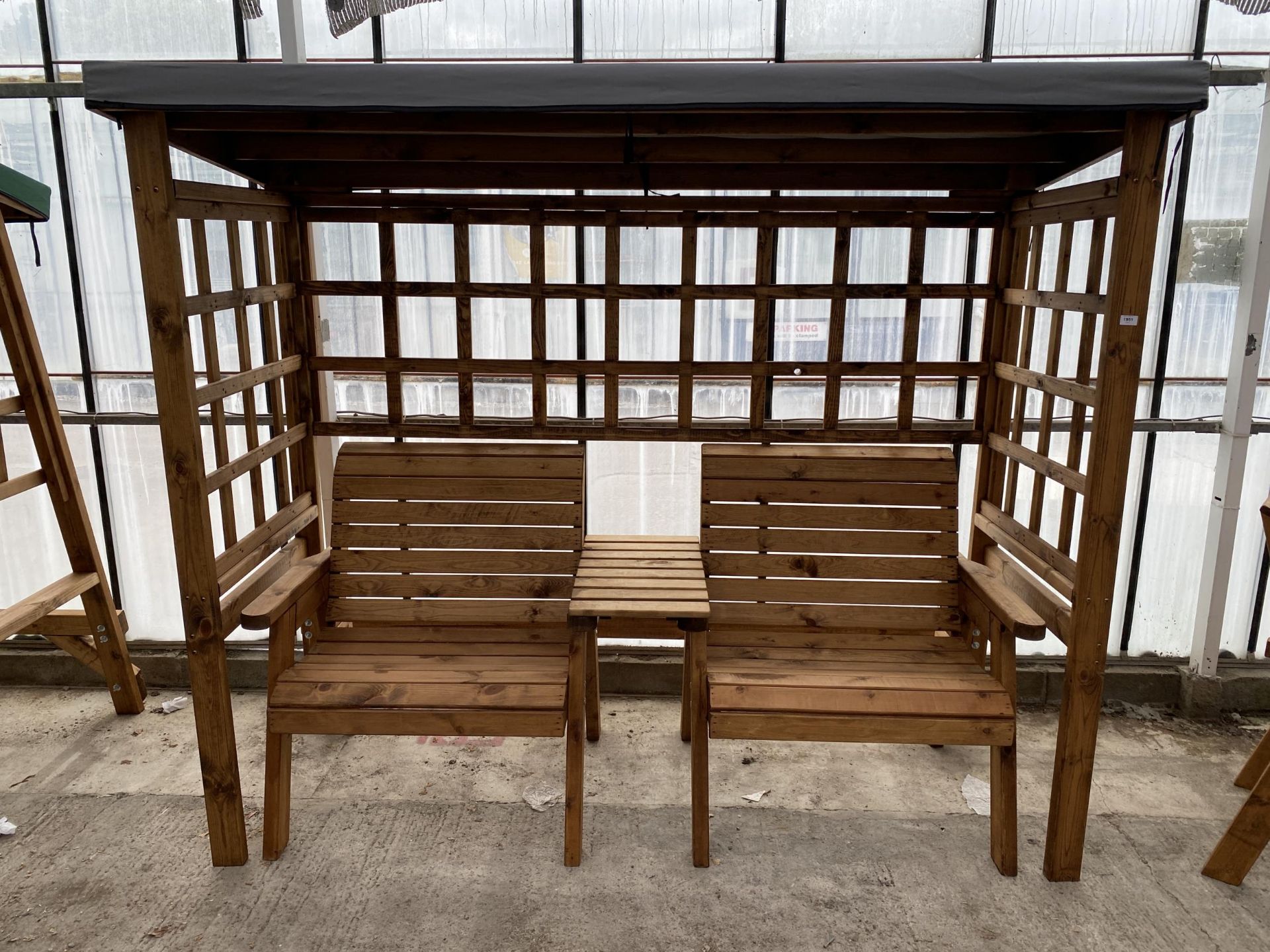 AN AS NEW EX DISPLAY CHARLES TAYLOR GARDEN ARBOUR WITH TWO SEATS AND AN ARMREST TABLE *PLEASE NOTE