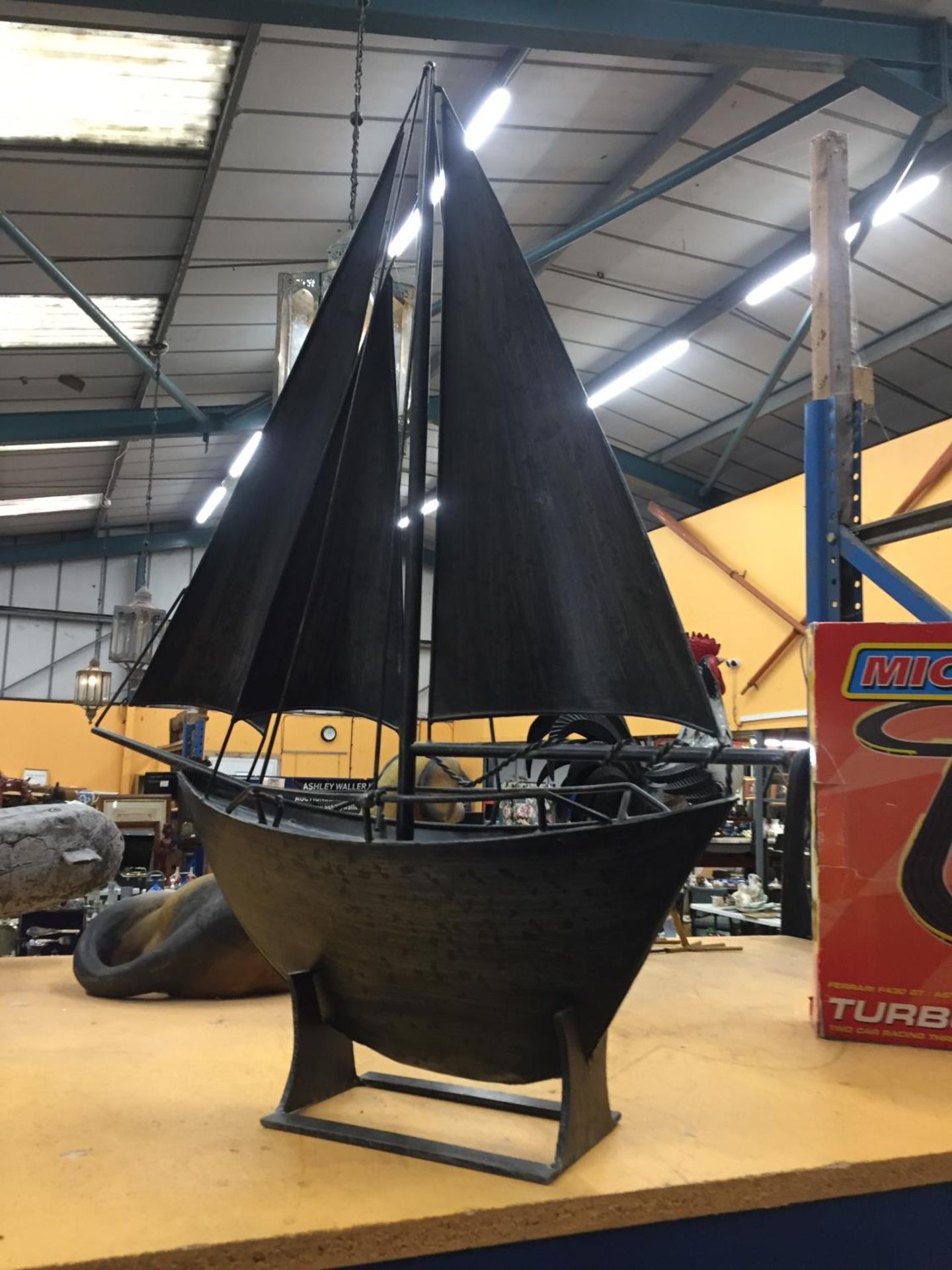 A LARGE METAL MODEL OF A SAILING BOAT, HEIGHT APPROX 78CM, WIDTH 58CM - Image 2 of 3