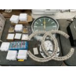 A LIGHT FITTING, A WALL CLOCK AND AN ASSORTMENT OF ELECTRIC JUNCTION BOXES ETC