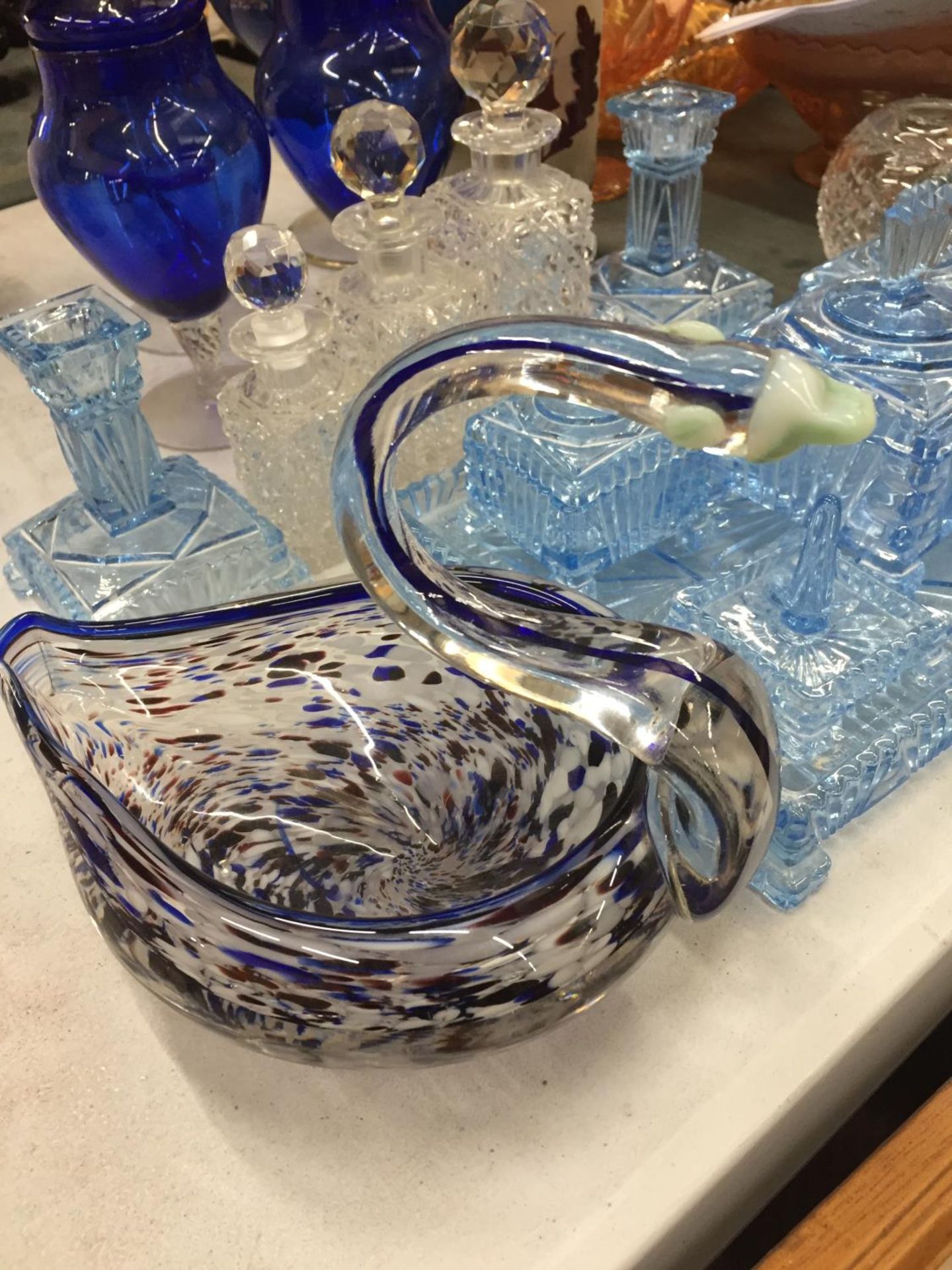 AN ART DECO BLUE GLASS DRESSING TABLE SET, TRIO OF CUT GLASS SCENT BOTTLES, MURANO GLASS SWAN AND - Image 2 of 4