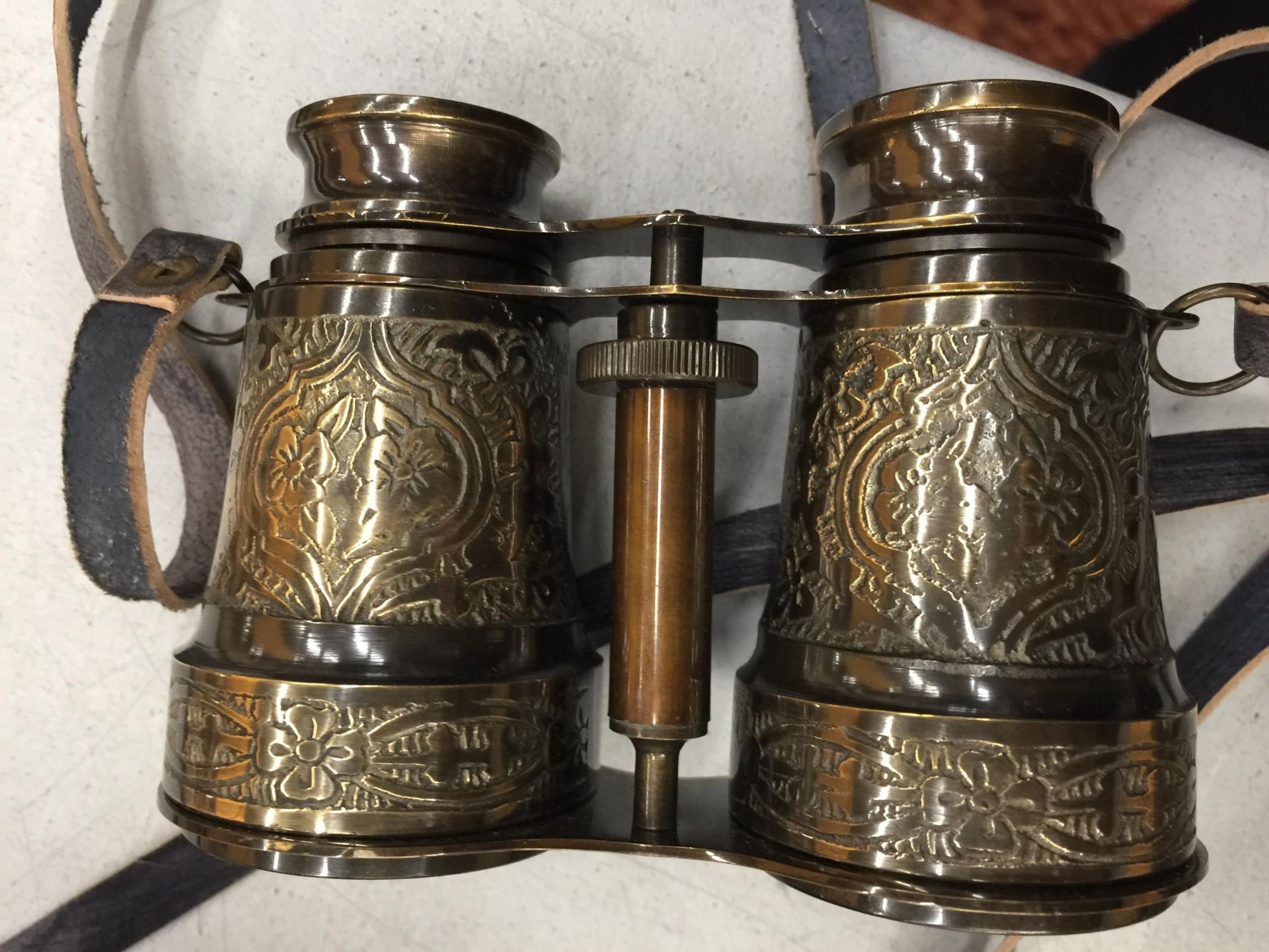 A PAIR OF LEATHER CASED BRASS BINOCULARS - Image 2 of 2