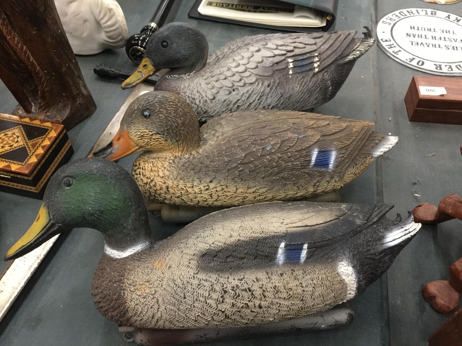 THREE MALLARD DECOY DUCKS AND TWO WOODEN PARROTS - Image 2 of 3