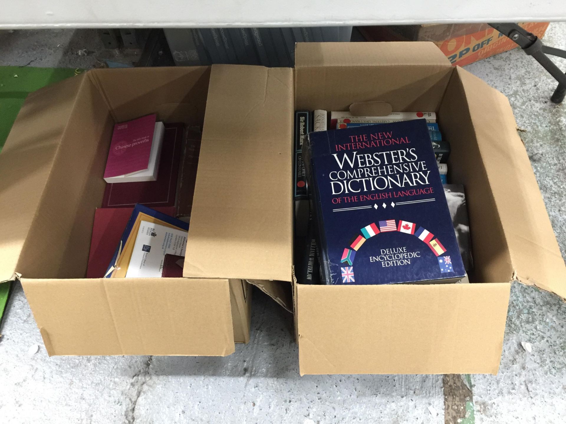TWO BOXES OF ASSORTED BOOKS, WEBSTERS DICTIONARY ETC