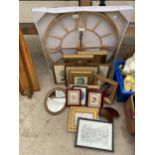 A LARGE WALL CLOCK AND AN ASSORTMENT OF FRAMED PRINTS AND PICTURES