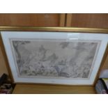 AN ANTIQUE PEN AND INK DRAWING OF MOSES STRIKING THE ROCK TO BRING FORTH WATER, 42X76CM, FRAMED