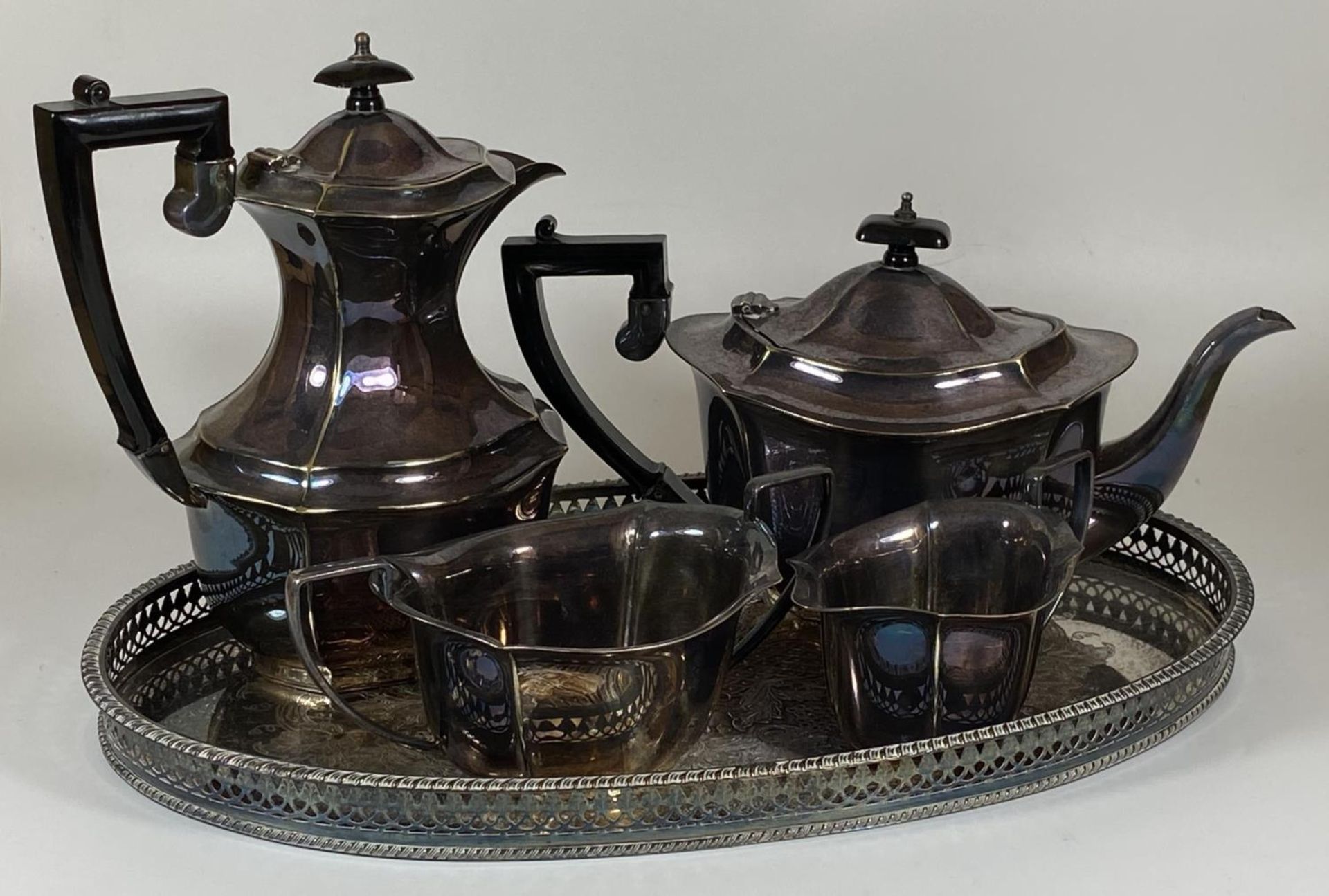 A VINTAGE A1 EPNS SILVER PLATED FOUR PIECE TEA SET TOGETHER WITH VINERS CAVENDISH PLATE PIERCED