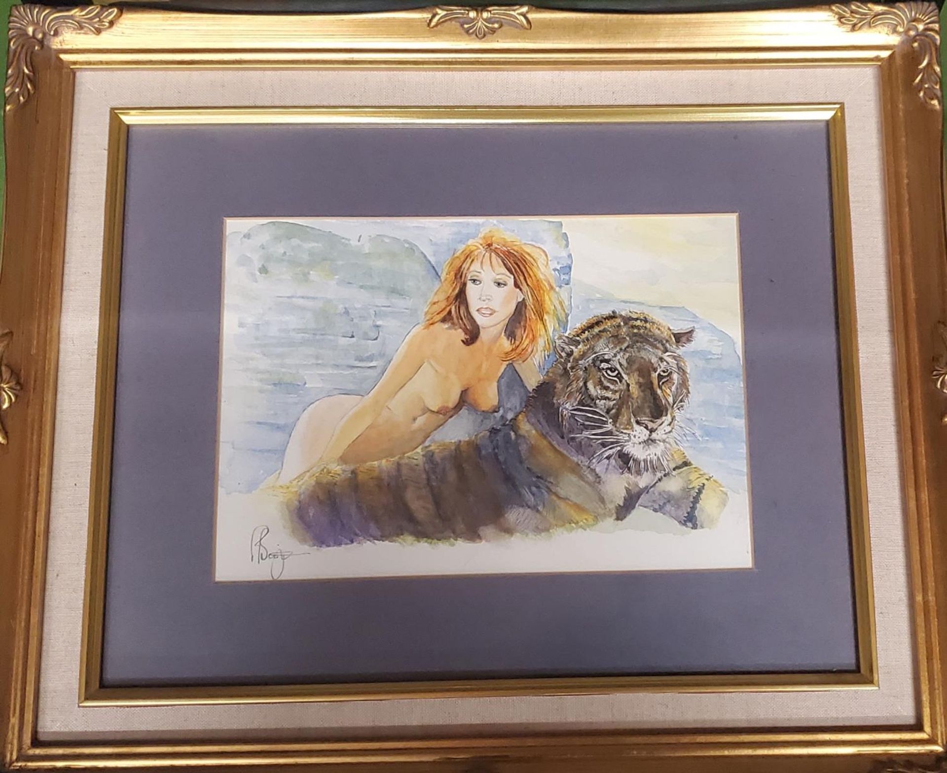 A WATERCOLOUR OF A LADY WITH A TIGER BY P BURGOIN