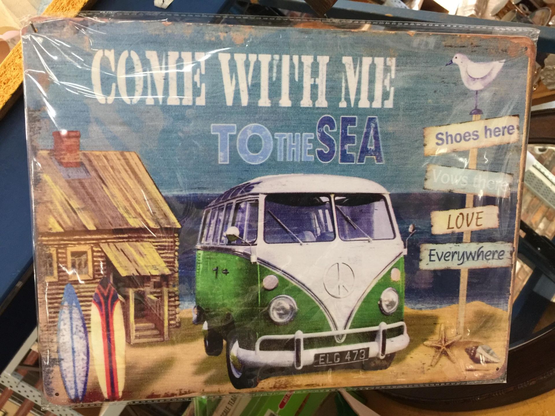A VW TIN SIGN (COME WITH ME TO THE SEA) 40CM X 30CM