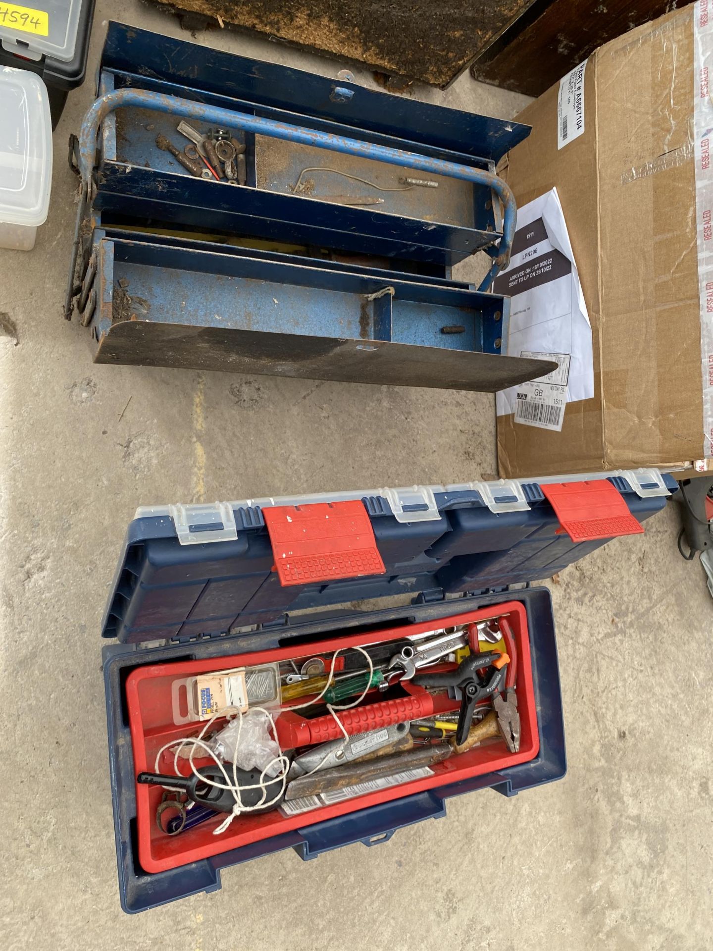 TWO PLASTIC TOOL BOXES CONTAINING AN ASSORTMENT OF TOOLS AND HARDWARE