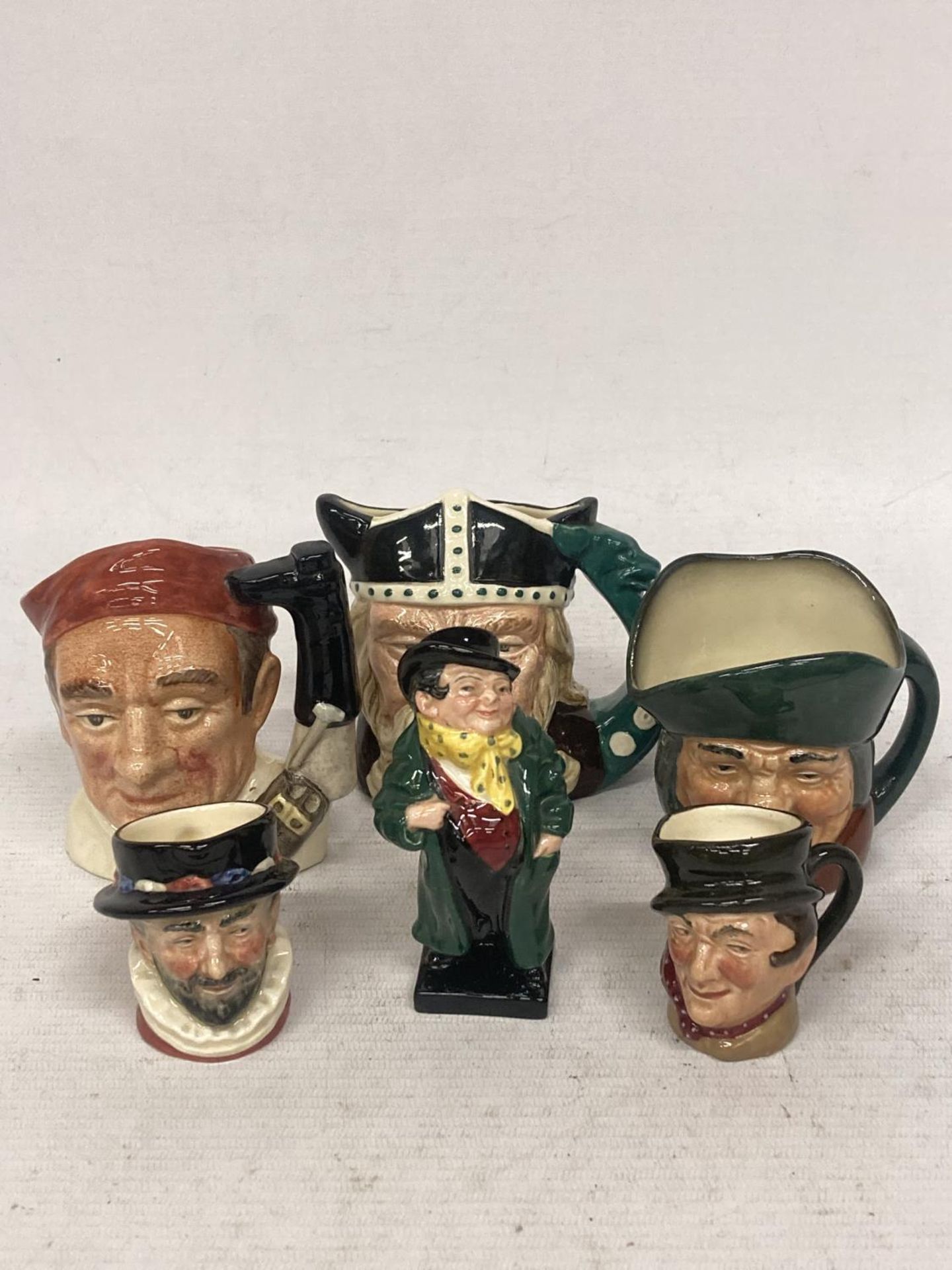 FIVE ROYAL DOULTON CHARACTER JUGS AND A FIGURE OF TONY WELLER TO INCLUDE VIKING, BEEFEATER, ETC.,