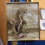 A HAND PAINTED TILE OF A STORK SIGNED 'DEAN' - FRAMED 27CM X 31CM