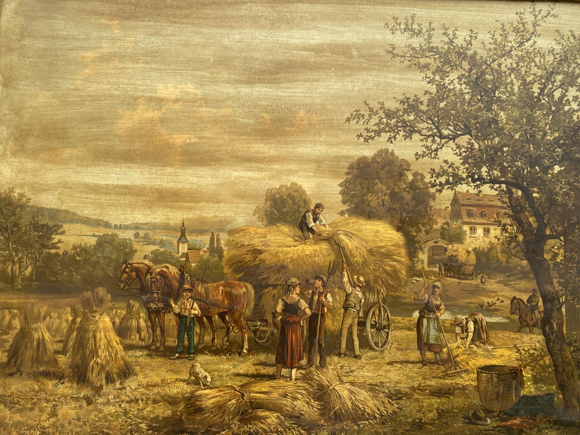A VINTAGE PRINT ON BOARD OF A FARMING SCENE - Image 2 of 4