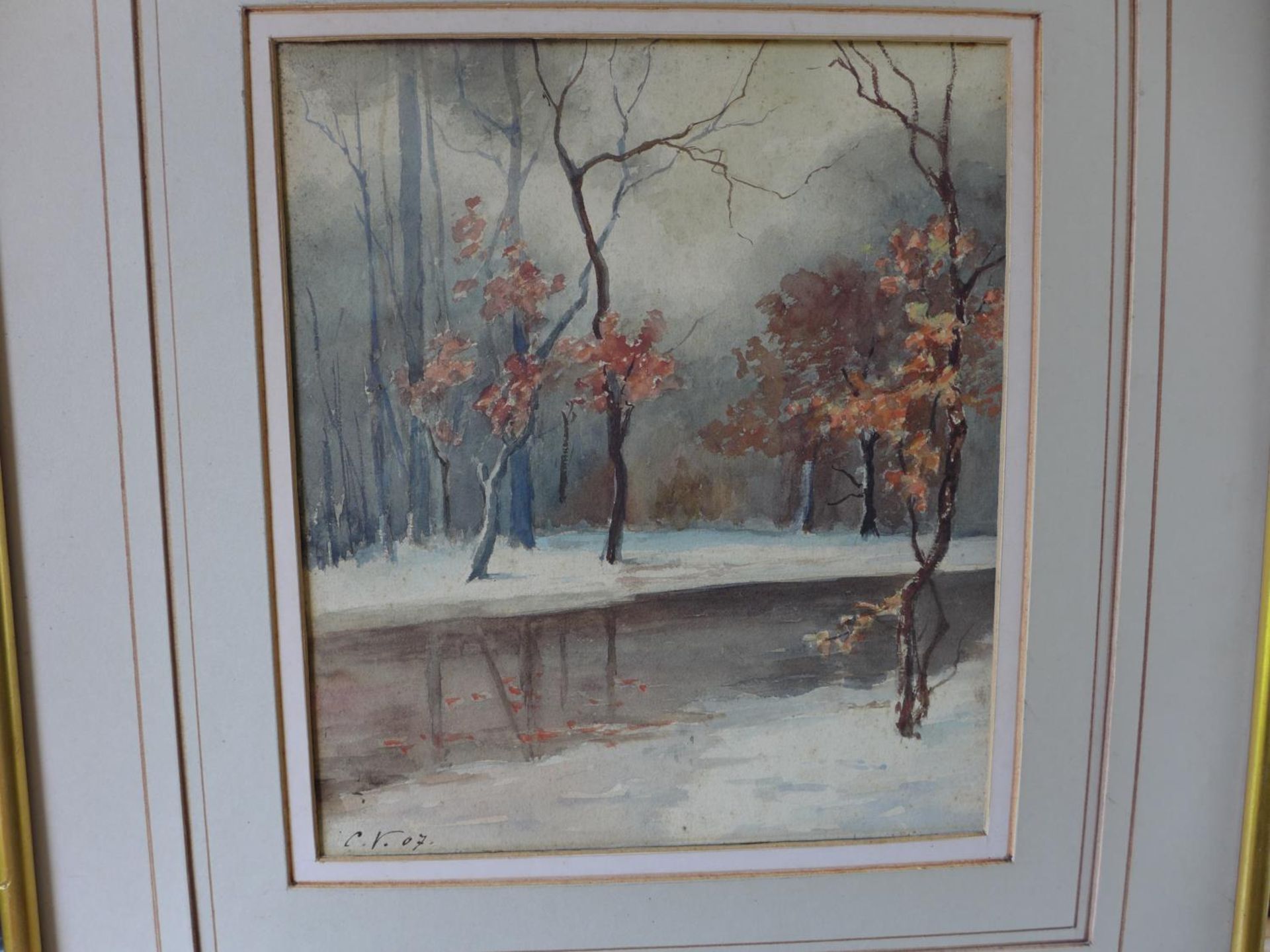 C.V., SNOWY WOODLAND SCENE, WATERCOLOUR, BEARS INITIALS CV AND DATE 07, 25X22CM, FRAMED