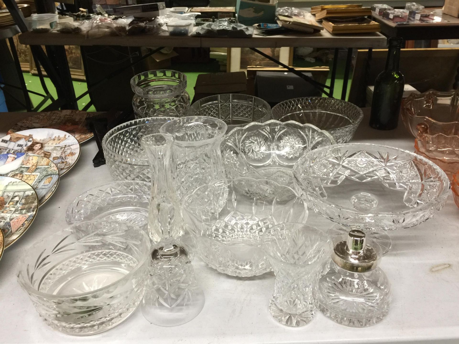 A COLLECTION OF CUT GLASS BOWLS, PEDESTAL DISH ETC