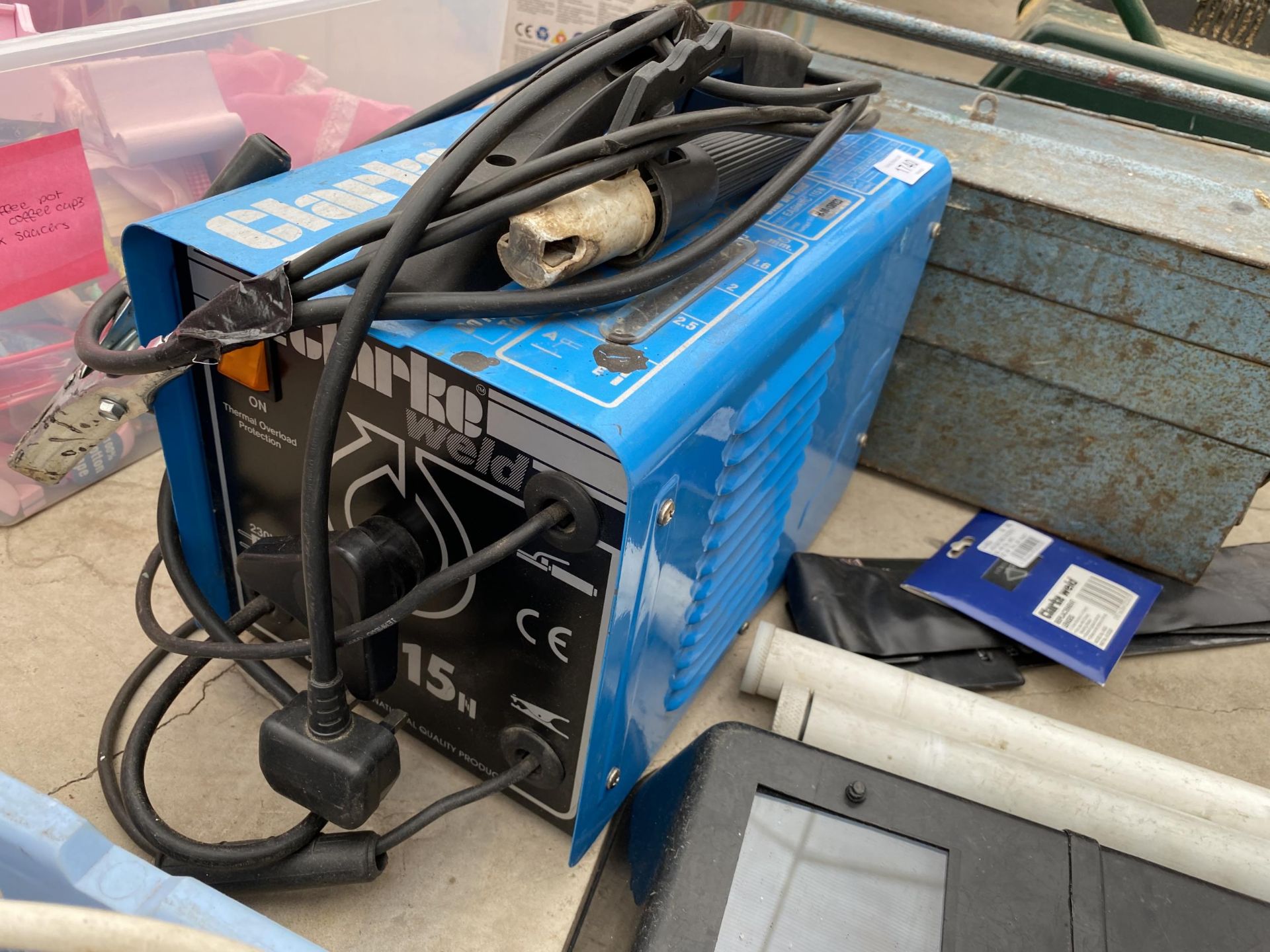 A CLARKE ARC WLEDER, WELDING MASK, AND A METAL TOOL BOX WITH AN ASSORTMENT OF HAND TOOLS ETC - Image 2 of 6