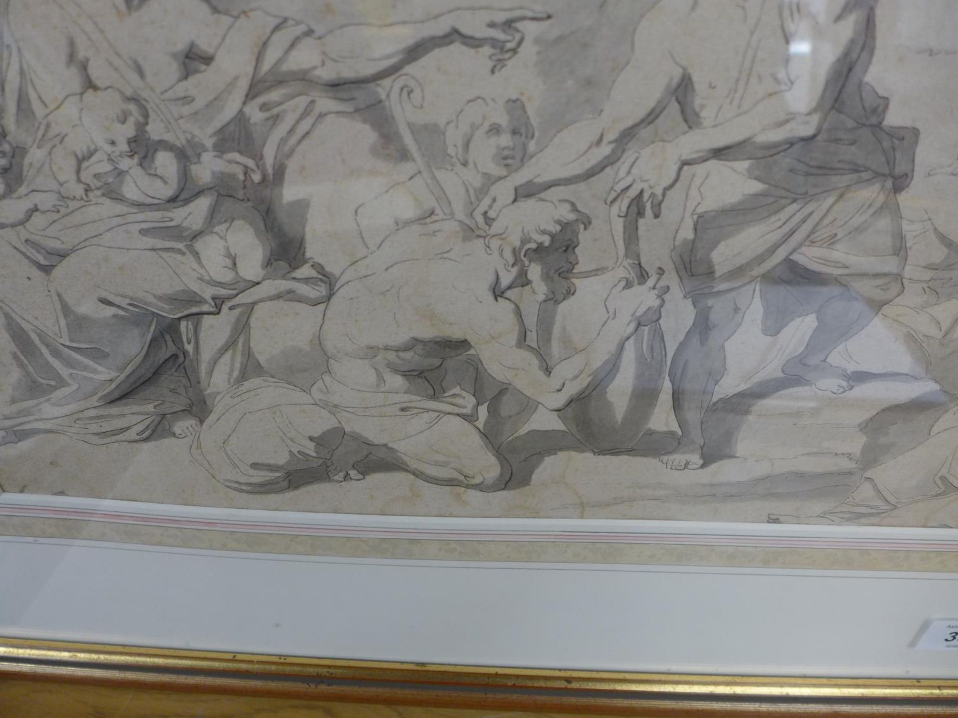 AN ANTIQUE PEN AND INK DRAWING OF MOSES STRIKING THE ROCK TO BRING FORTH WATER, 42X76CM, FRAMED - Image 4 of 5