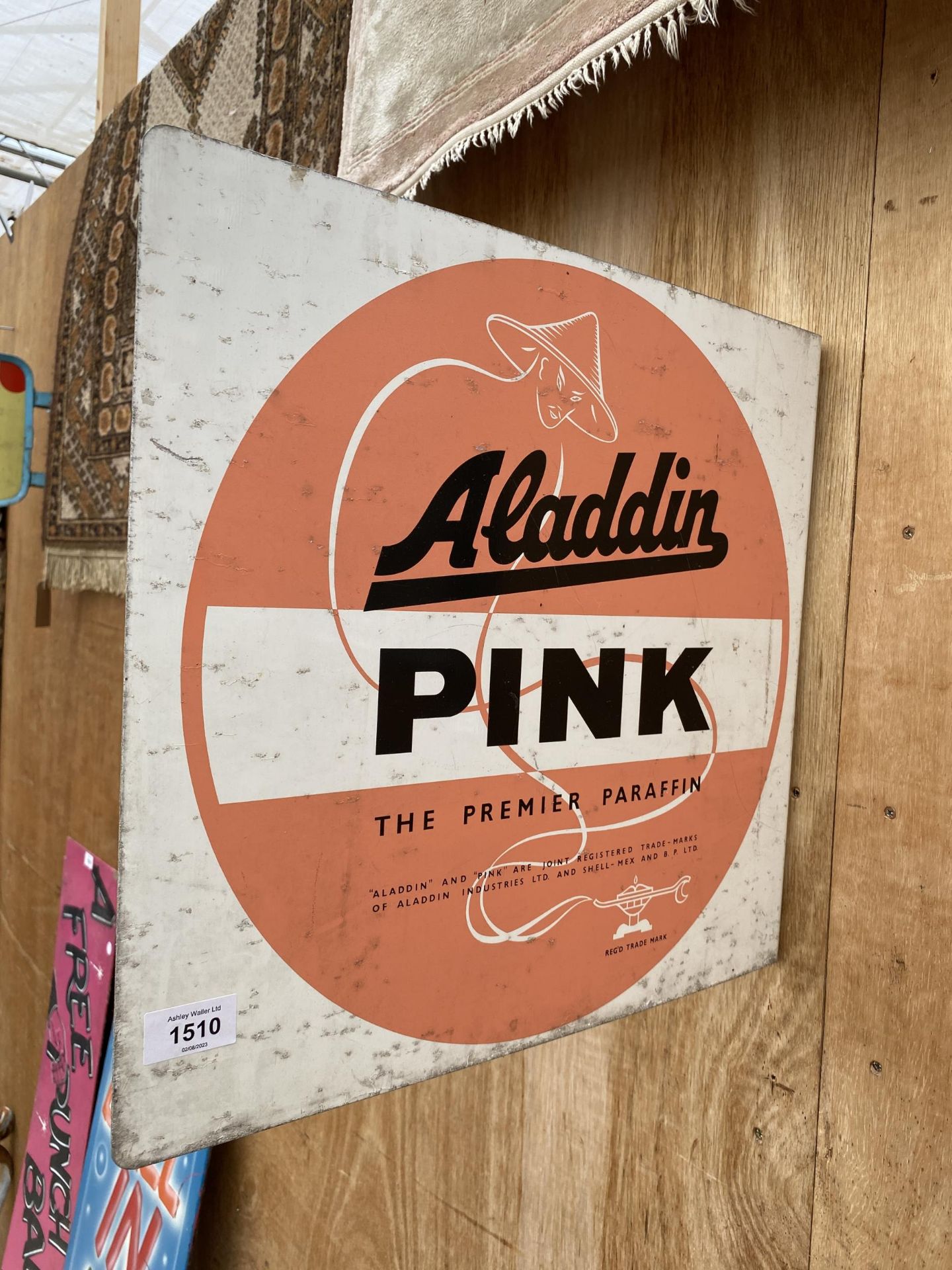 A BELIEVED ORIGINAL DOUBLE SIDED METAL 'ALADDIN PINK' PARAFIN SIGN - Image 2 of 2