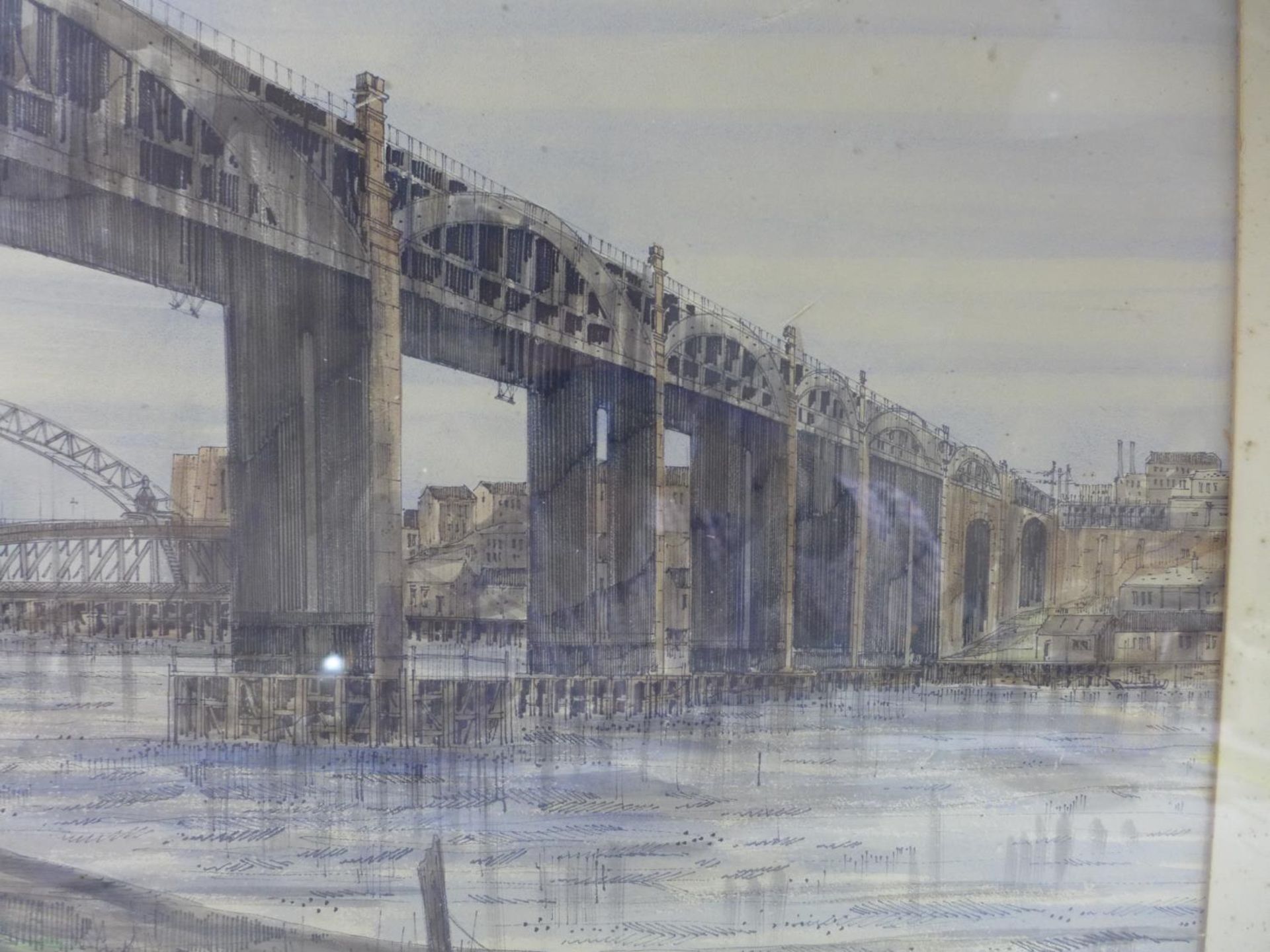 J.N.PADDEN (BRITISH 20TH CENTURY) 'HIGH LEVEL AND TYNE BRIDGE', HIGHLY DETAILED PEN AND INK AND - Image 4 of 4